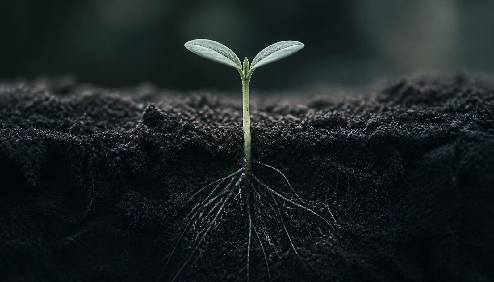 A seedling emerging from soil, its root threads visible